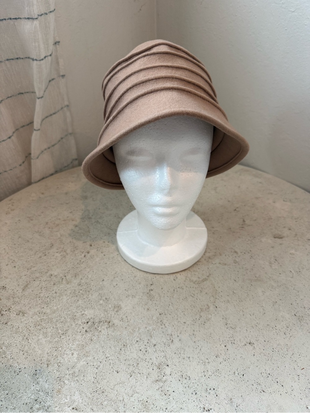 Pleated Cloche Hat in Light Beige